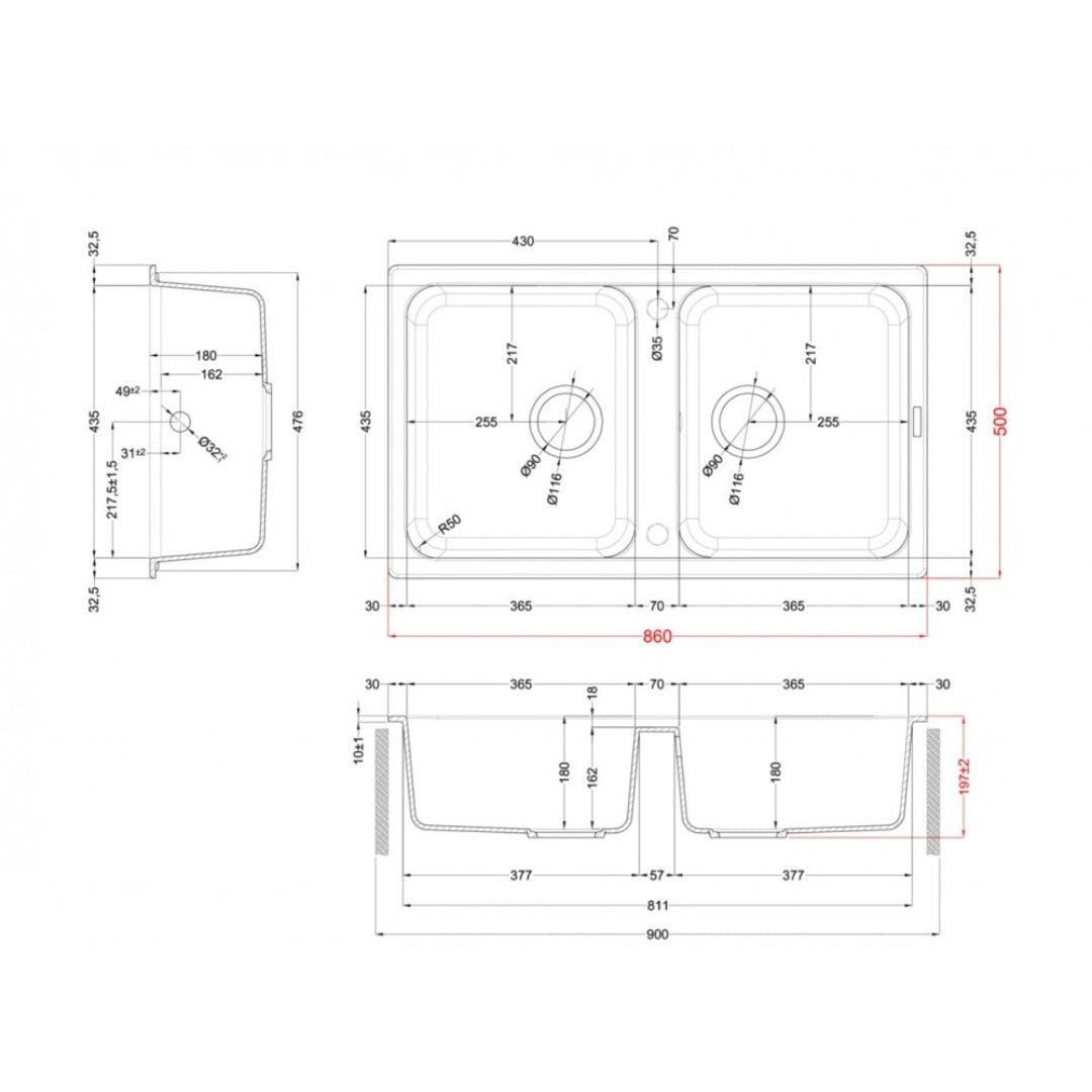 ELLECI LIFE 450 LG245039 Lavello 2 Vasche Granitek Bianco Soft Reversibile cm. 86 x 50