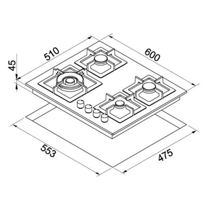 ELLECI PLANO 60 PIAP601INWS Piano Cottura Cucina Gas 4 Fuochi Griglie in Ghisa Inox cm. 60 x 51