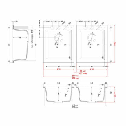 ELLECI QUADRA 200 LMQ20079 Lavello Incasso Cucina Granitek 2 Vasche Separate Aluminium cm. 41 x 50