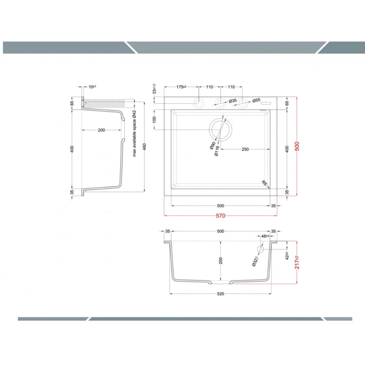 ELLECI QUADRA 105 LKQ10596 Lavello 1 Vasca Sopratop Keratek Bianco Kera K96 cm. 57 x 50