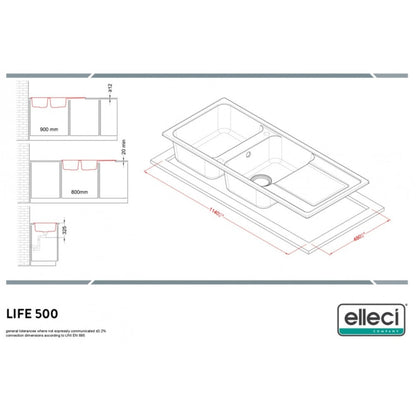 Elleci LG250068 Lavello Cucina 2 Vasche Gocciolatoio Reversibile Granito Bianco Titano G68 cm. 116 x 50