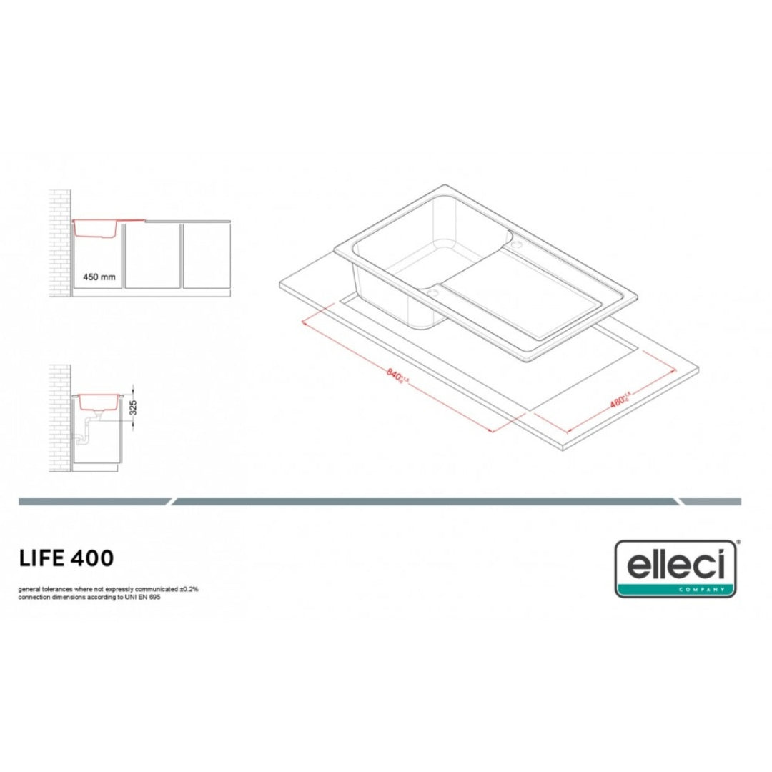 ELLECI LIFE 400 LG240051 Lavello 1 Vasca Gocciolatoio Reversibile Granitek Avena cm. 86 x 50