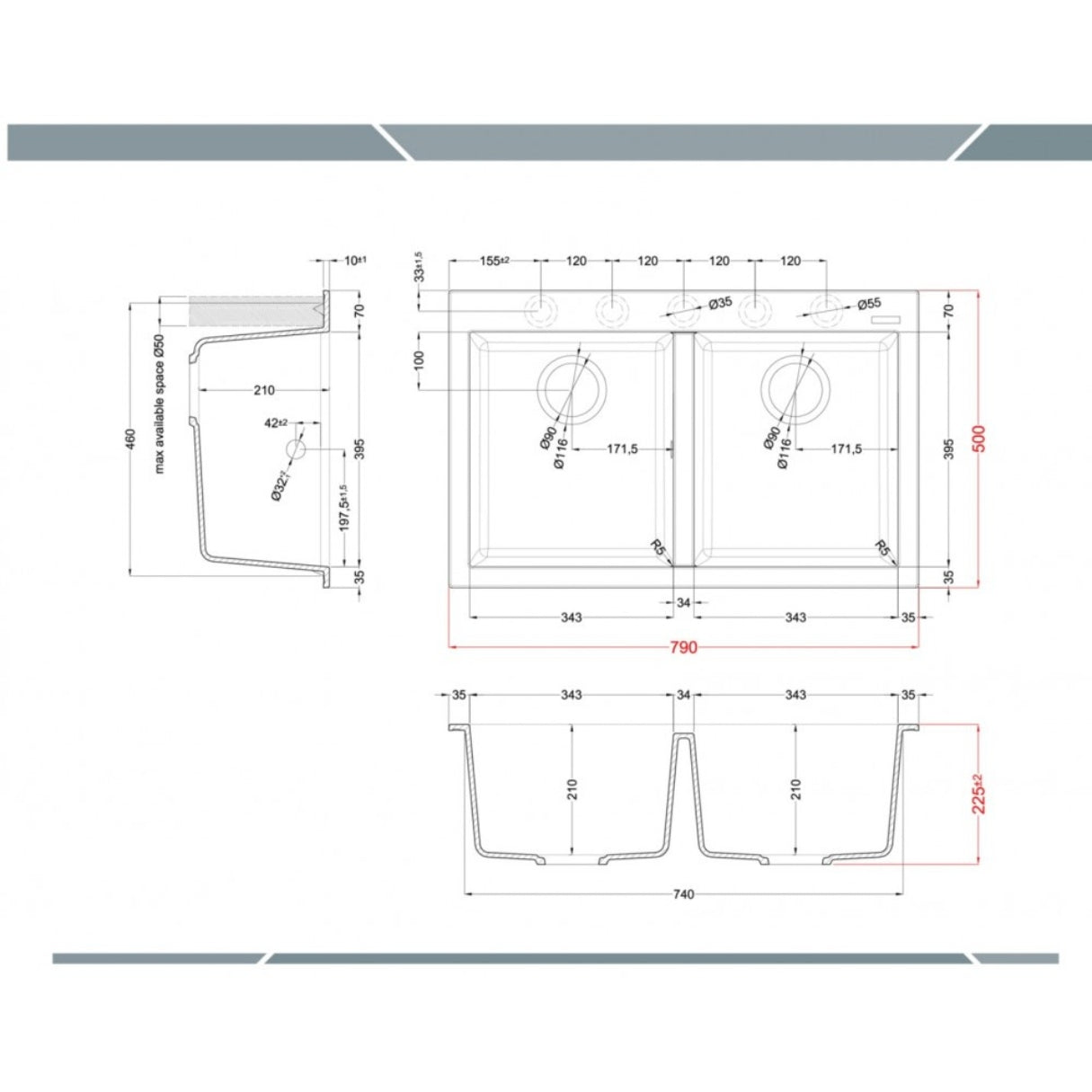ELLECI QUADRA LKQ35096 Lavello Incasso 2 Vasche Sopratop Keratek Bianco Kera K96 cm. 79 x 50