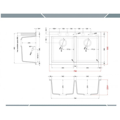 ELLECI QUADRA LKQ35096 Lavello Incasso 2 Vasche Sopratop Keratek Bianco Kera K96 cm. 79 x 50