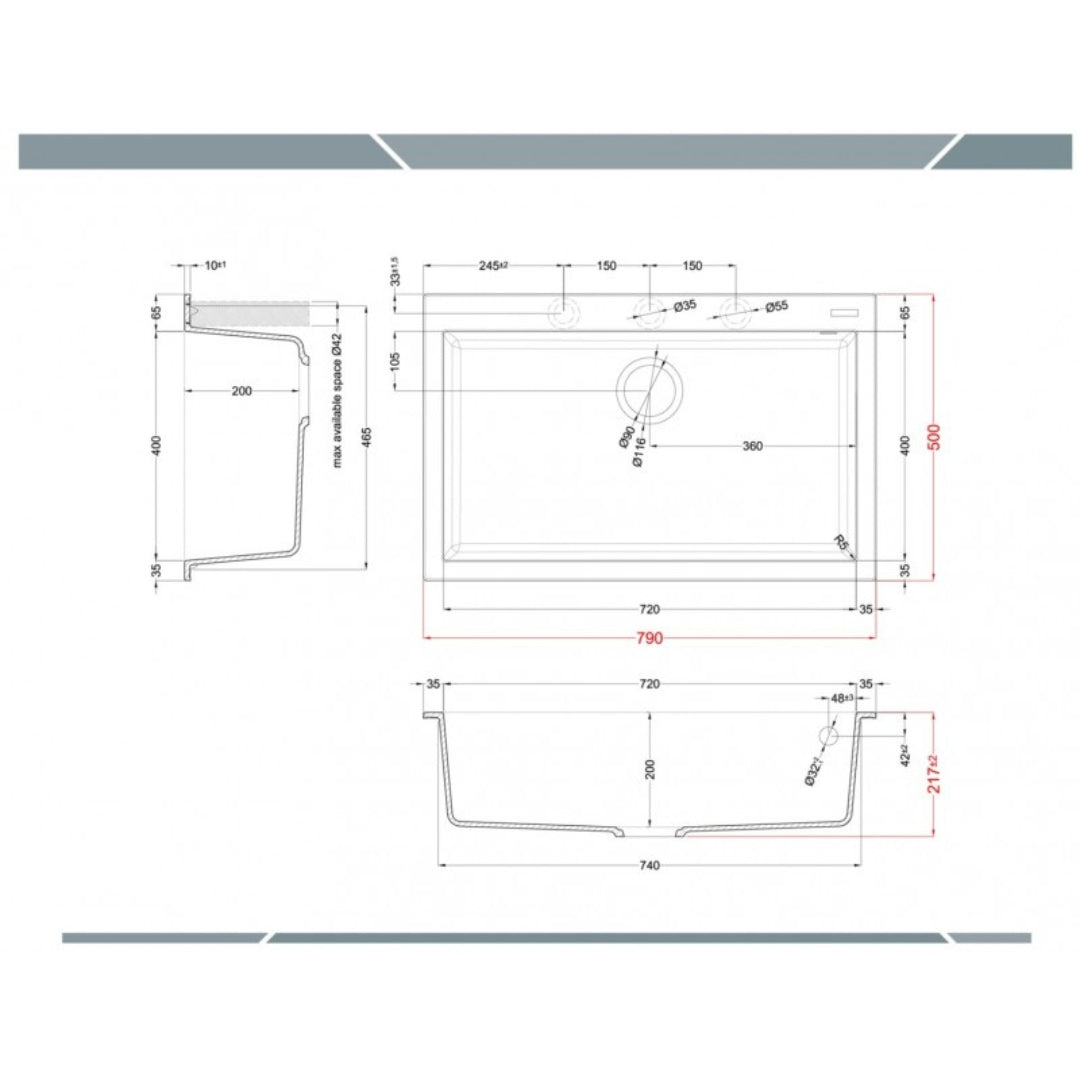 ELLECI QUADRA 130 LMQ13079 Lavello 1 Vasca Aluminium Incasso Sopratop Granitek cm 79 x 50