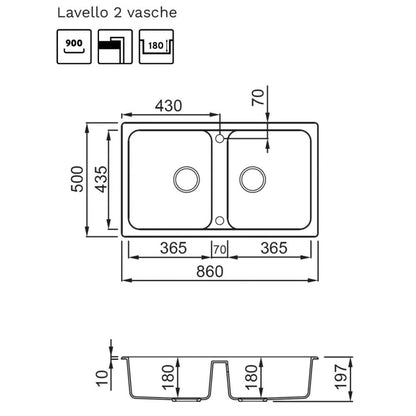 ELLECI LIFE 450 LG245051 Lavello Cucina 2 Vasche Incasso Sopratop Granitek Avena 51 cm. 86 x 51