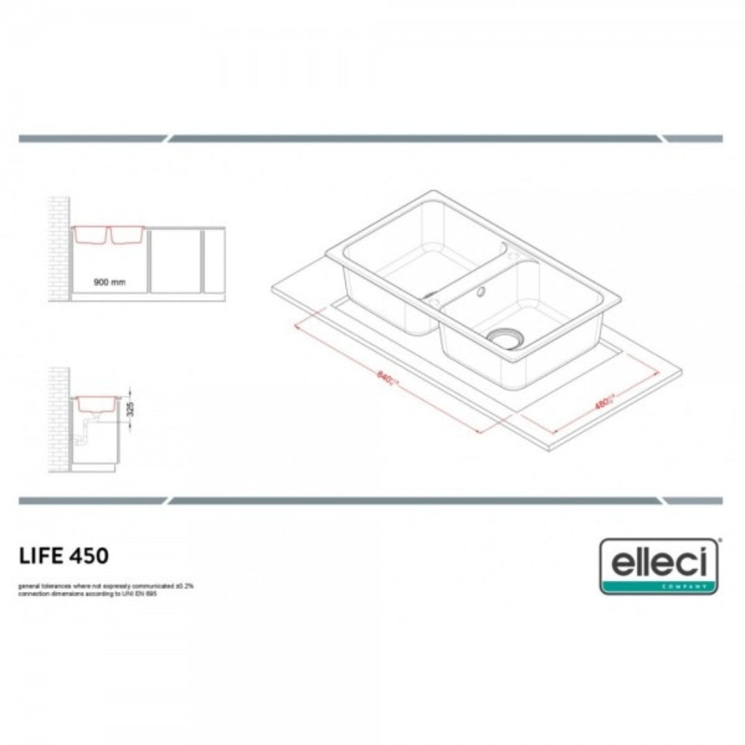 ELLECI LIFE 450 LG245048 Lavello Cucina 2 Vasche Reversibili Cemento G48 Granitek Sopratop cm. 86x50