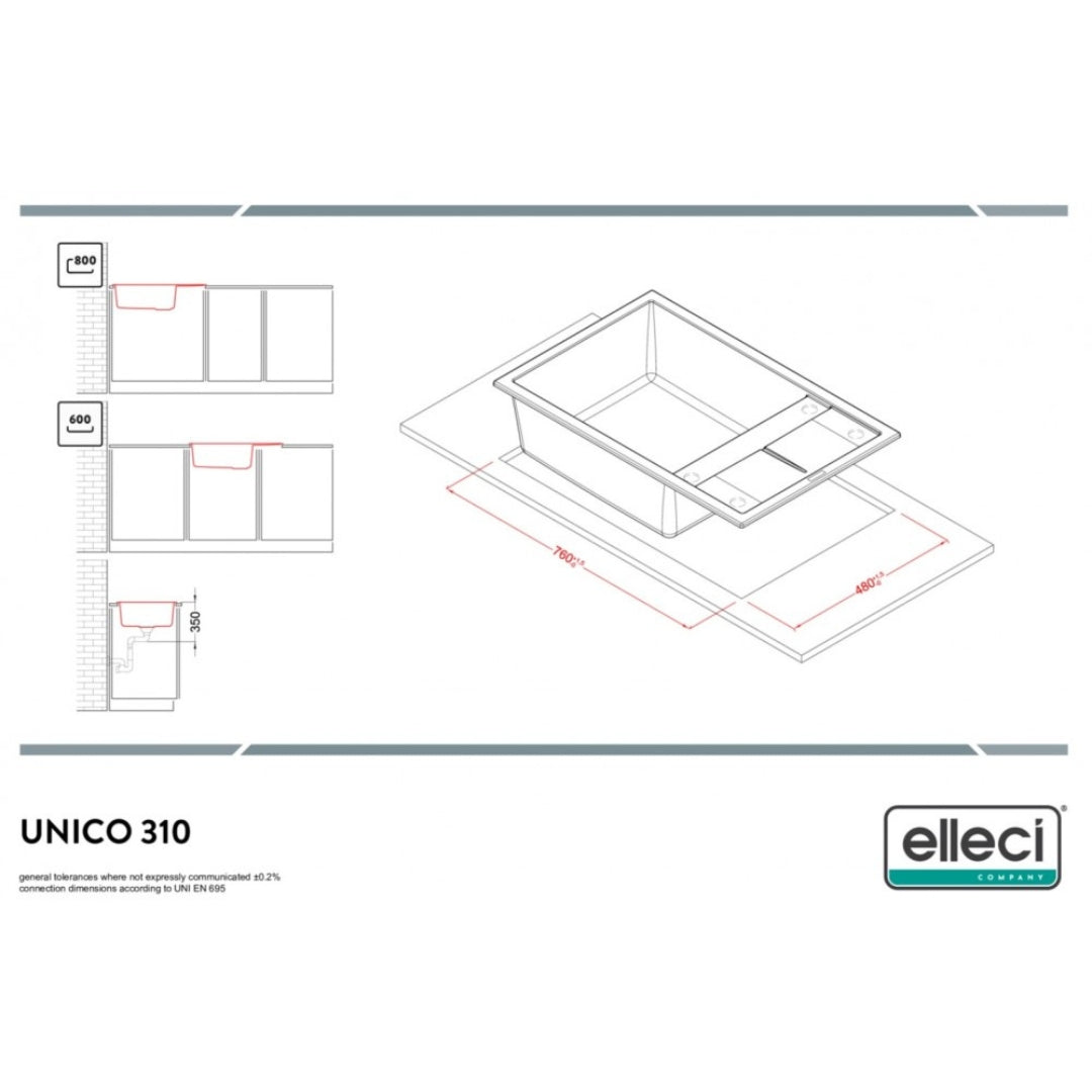 ELLECI UNICO LGU31048 Lavello 1 Vasca Gocciolatoio Reversibile Sopratop Granitek Cemento G48 cm. 78x50