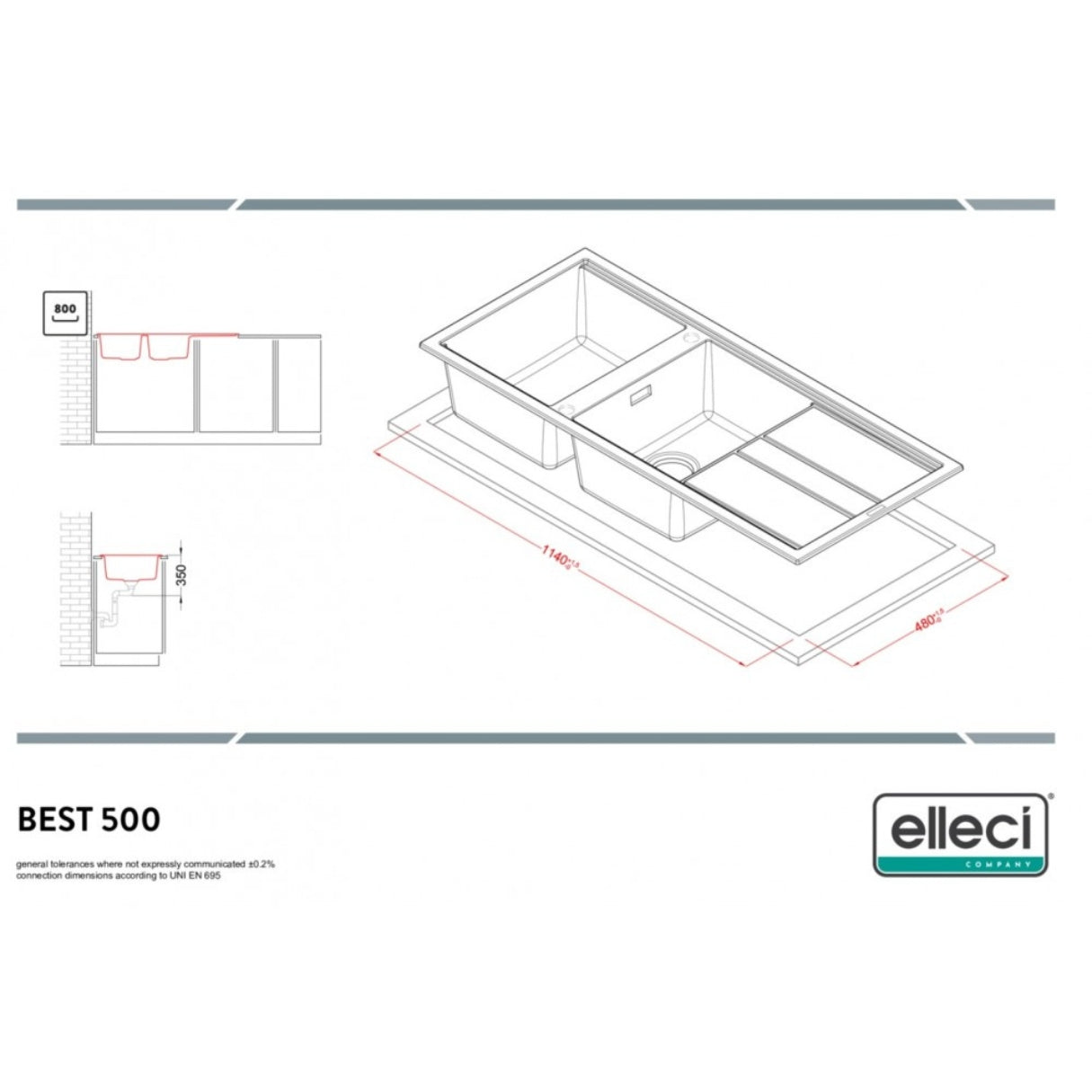 ELLECI BEST 500 LGB50051 Lavello 2 Vasche Gocciolatoio Reversibile Granitek Avena 51 cm. 116x50