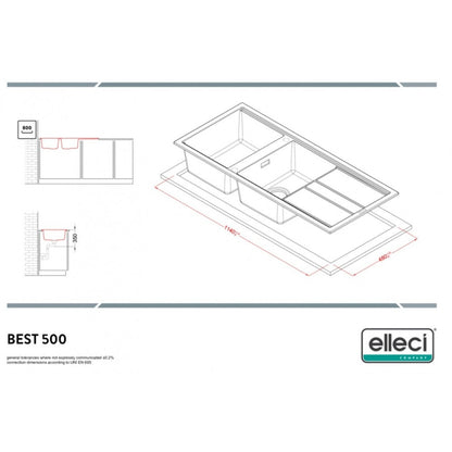 ELLECI BEST 500 LGB50051 Lavello 2 Vasche Gocciolatoio Reversibile Granitek Avena 51 cm. 116x50