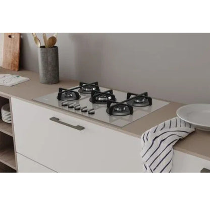 INDESIT ING72TTD1 Piano Cottura Gas 5 Fuochi Vetro Griglie in Ghisa Tortora Linea Glass cm. 75 x 51