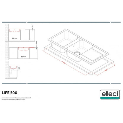ELLECI LIFE 500 LG250062 Lavello Cucina 2 Vasche Gocciolatoio Reversibile Sopratop Granitek Bianco Antico G62 cm. 116 x 50