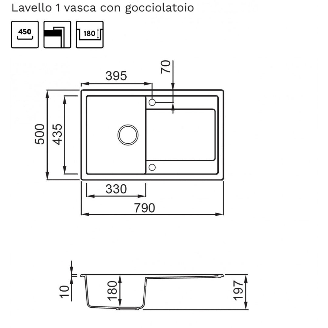 ELLECI LIFE 300 LG230040 Lavello 1 Vasca Sopratop Gocciolatoio Reversibile Nero G40 cm 79x50