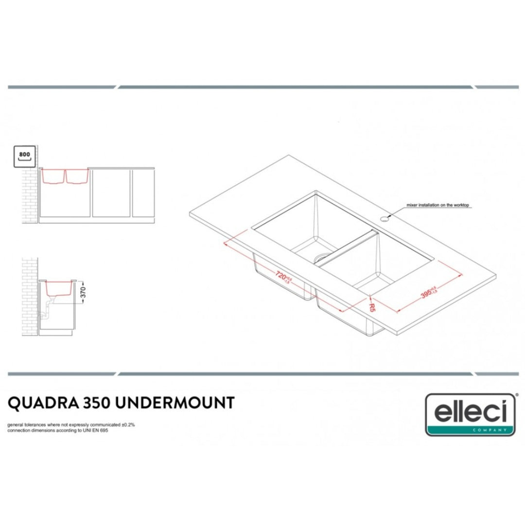 ELLECI QUADRA 350 LGQ35059 Lavello 2 Vasche Sottotop Granitek Antracite G59 cm. 76 x 44