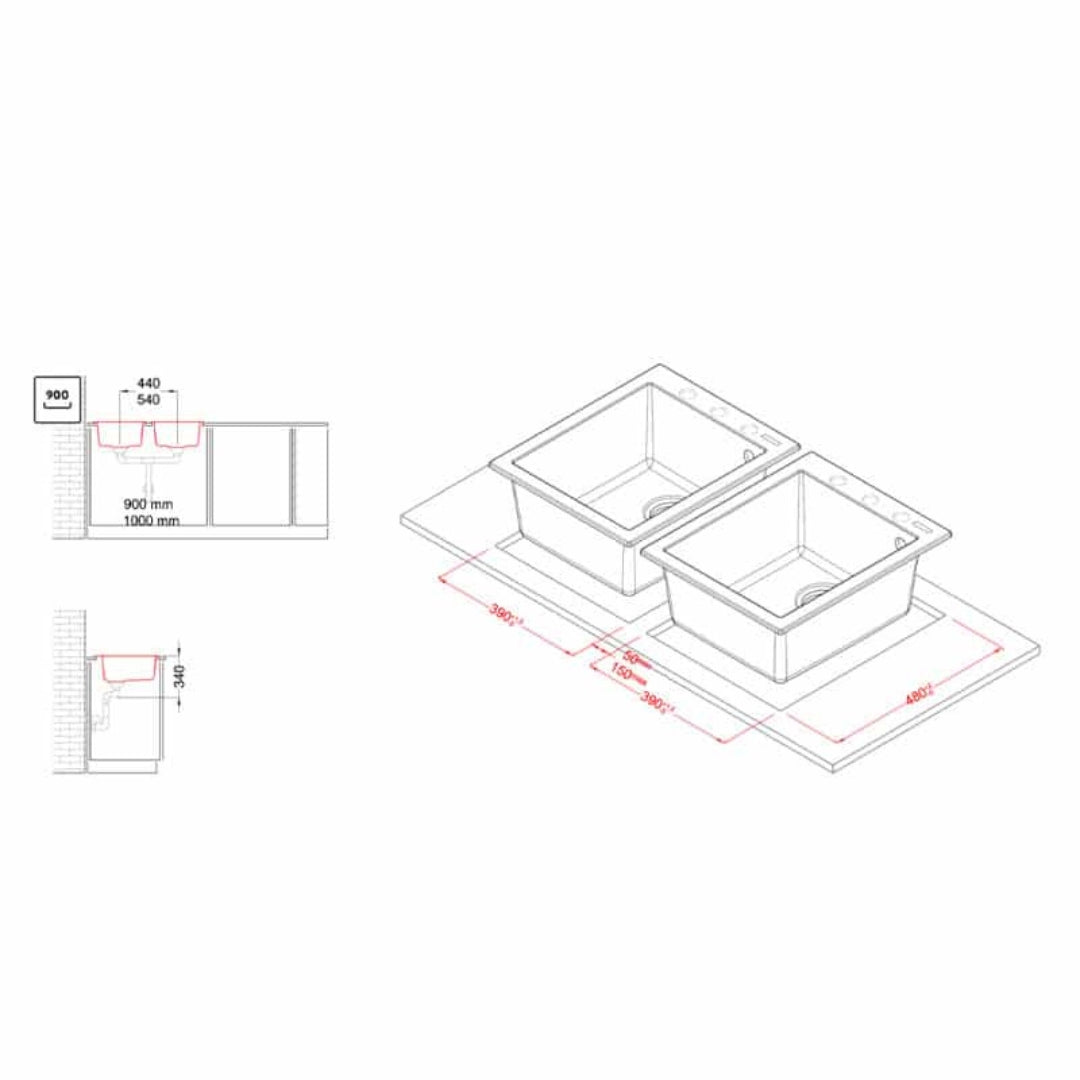 ELLECI QUADRA 200 LGQ20040 Lavello 2 Vasche cm 41 Incasso Sopratop Granitek cm 82x50