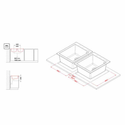 ELLECI QUADRA 200 LGQ20040 Lavello 2 Vasche cm 41 Incasso Sopratop Granitek cm 82x50
