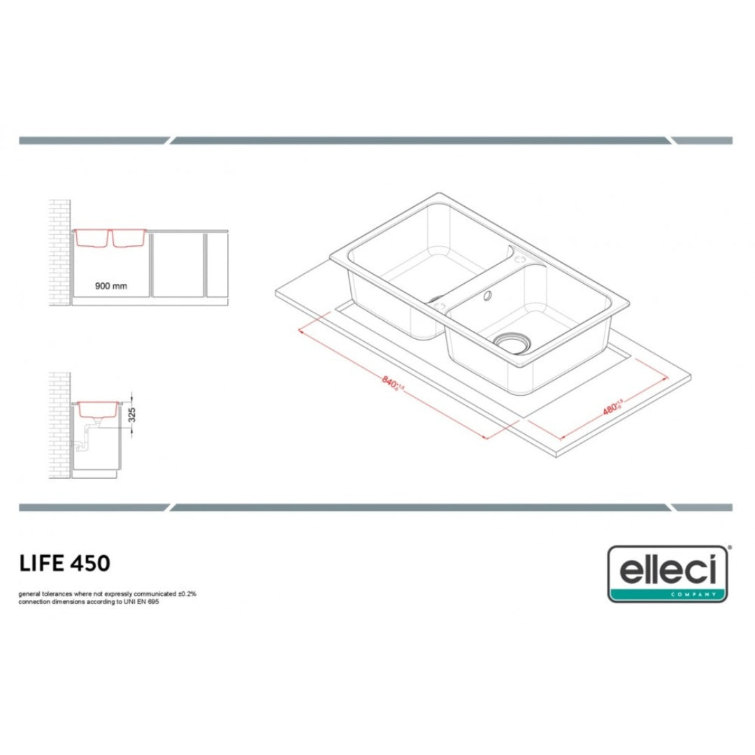 ELLECI LIFE LG245068 Lavello Cucina 2 Vasche Granitek Reversibile Incasso Sopratop Bianco Titano G68 cm. 86 x 50