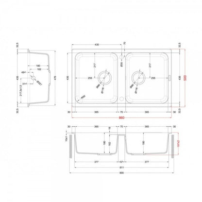 ELLECI LIFE 450 LG245040 Lavello 2 Vasche Incasso Sopratop Granitek Nero G40 cm. 86x50