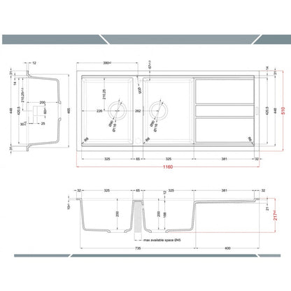ELLECI BEST 500 LGB50062 Lavello Cucina 2 Vasche Gocciolatoio Reversibile Granitek Bianco Antico cm. 116 x 51