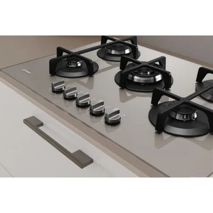 INDESIT ING72TTD1 Piano Cottura Gas 5 Fuochi Vetro Griglie in Ghisa Tortora Linea Glass cm. 75 x 51
