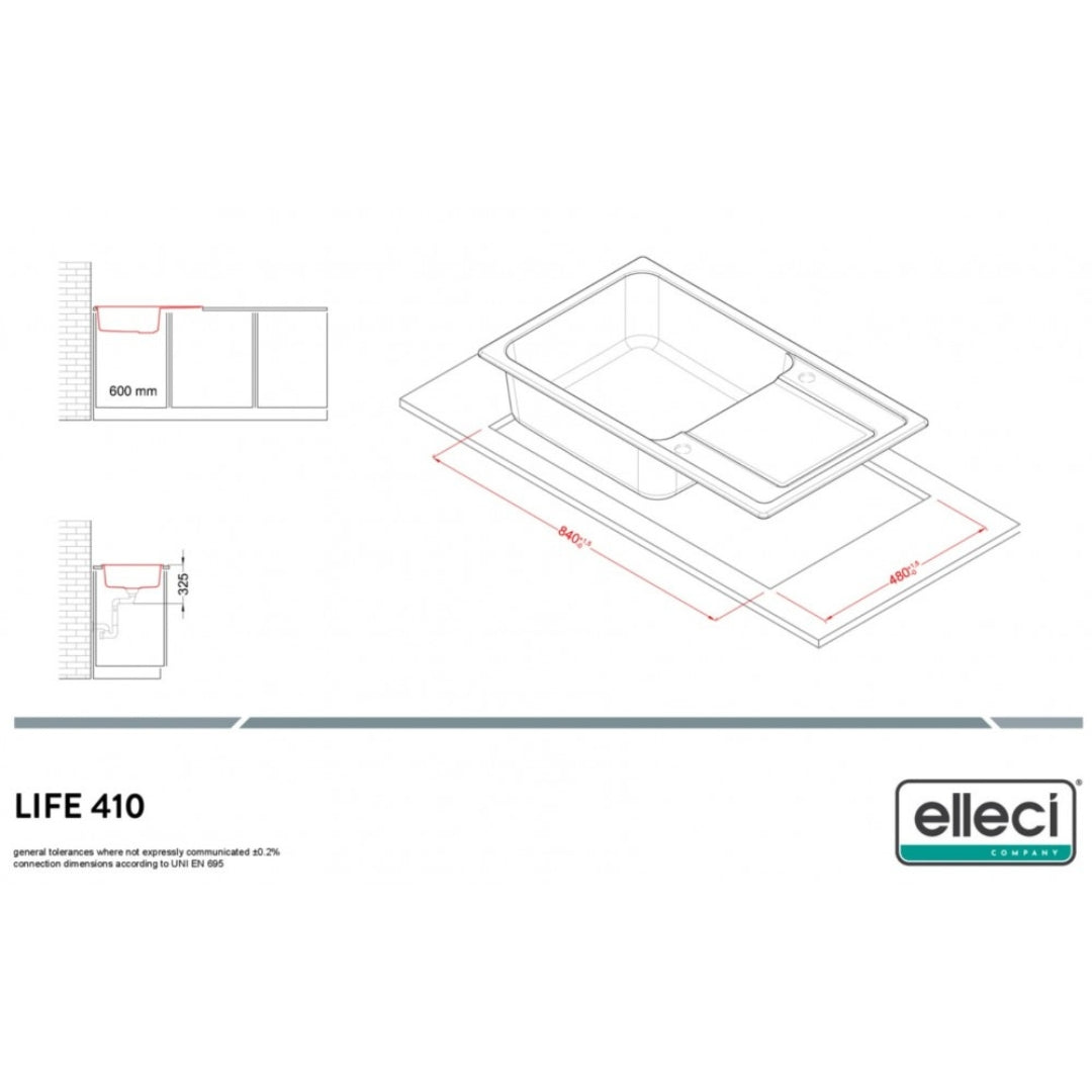 ELLECI LIFE 410 LG241051 Lavello 1 Vasca Gocciolatoio Reversibile Sopratop Granitek Avena 51 cm. 86 x 50