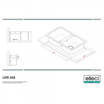 ELLECI LIFE 450 LG245040 Lavello 2 Vasche Incasso Sopratop Granitek Nero G40 cm. 86x50