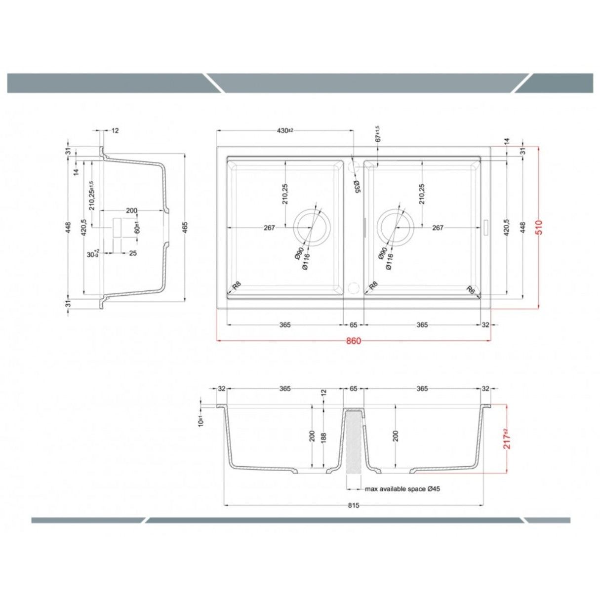 ELLECI BEST 450 LKB45096 Lavello 2 Vasche Incasso Sopratop Bianco Kera K96 cm. 86 x 51
