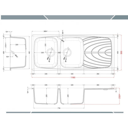 ELLECI MASTER 500 LGM50051 Lavello Cucina 2 Vasche Gocciolatoio Reversibile Incasso Sopratop Granitek Avena 51 cm. 116 x 50