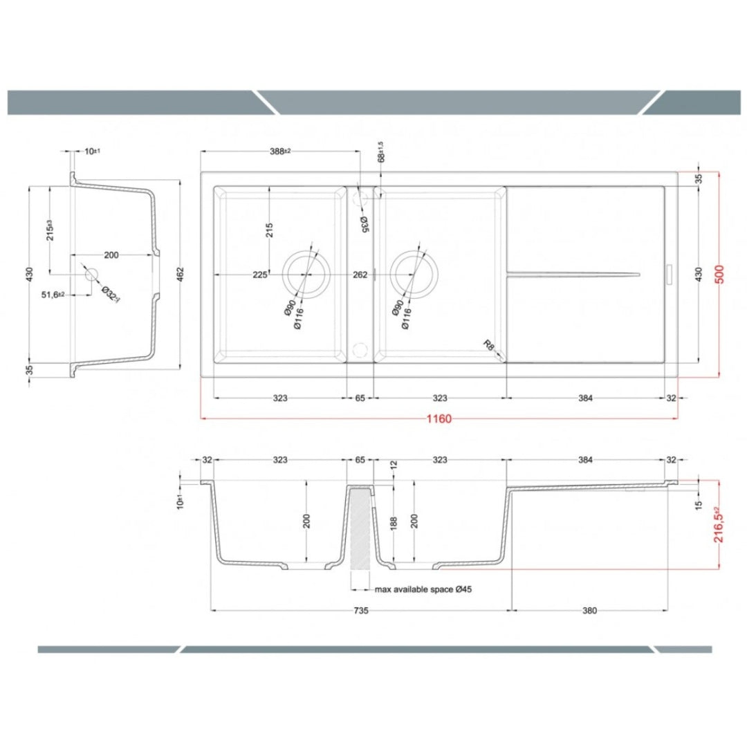 ELLECI UNICO 500 LGU50048 Lavello 2 Vasche Granitek Sopratop Reversibile Cemento cm 116 x 50