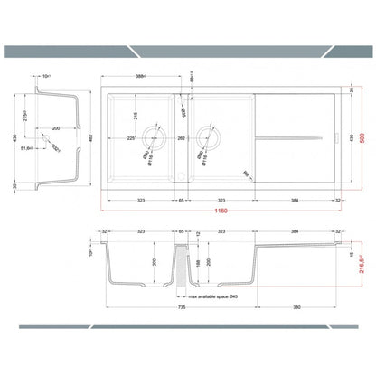 ELLECI UNICO 500 LGU50048 Lavello 2 Vasche Granitek Sopratop Reversibile Cemento cm 116 x 50