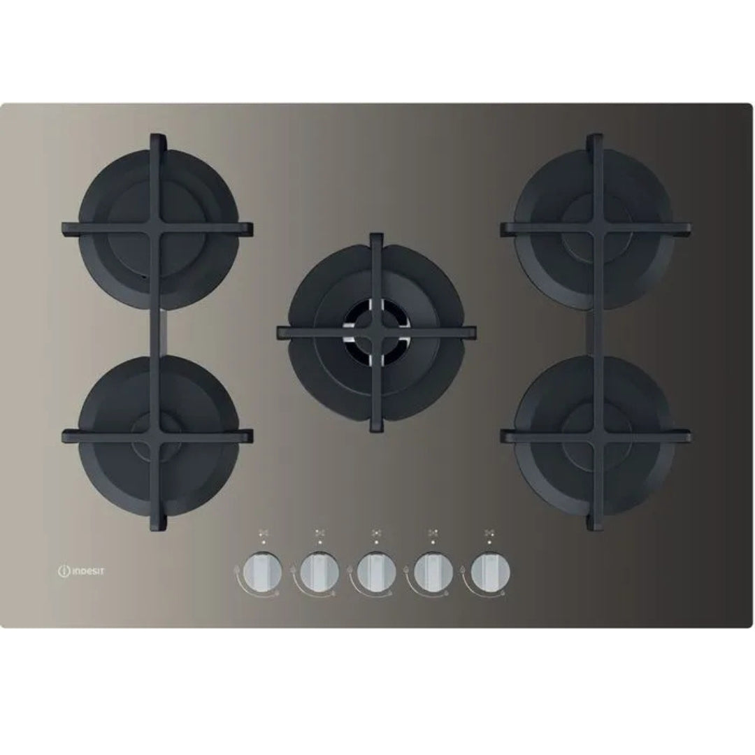 INDESIT ING72TTD1 Piano Cottura Gas 5 Fuochi Vetro Griglie in Ghisa Tortora Linea Glass cm. 75 x 51
