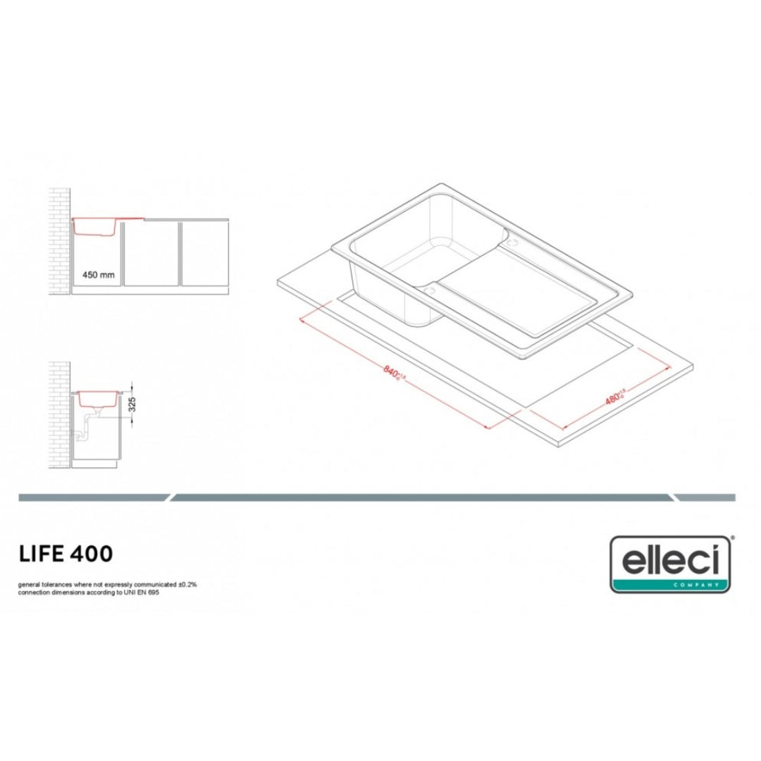 ELLECI LIFE 400 LG240040 Lavello 1 Vasca Reversibile Granitek Nero G40 cm. 86X50
