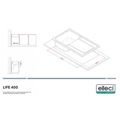 ELLECI LIFE 400 LG240040 Lavello 1 Vasca Reversibile Granitek Nero G40 cm. 86X50