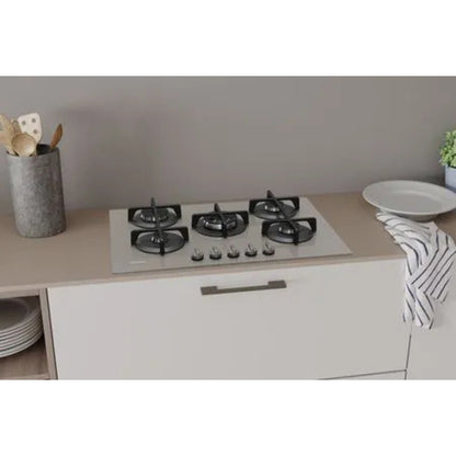 INDESIT ING72TTD1 Piano Cottura Gas 5 Fuochi Vetro Griglie in Ghisa Tortora Linea Glass cm. 75 x 51