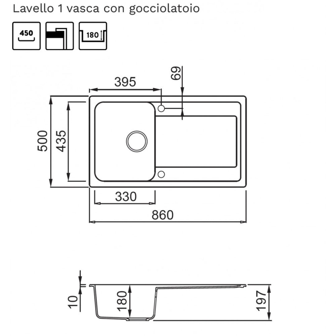 ELLECI LIFE 400 LG240068 Lavello 1 Vasca Gocciolatoio Reversibile Sopratop Granitek Bianco Titano G68 cm. 86 x 50