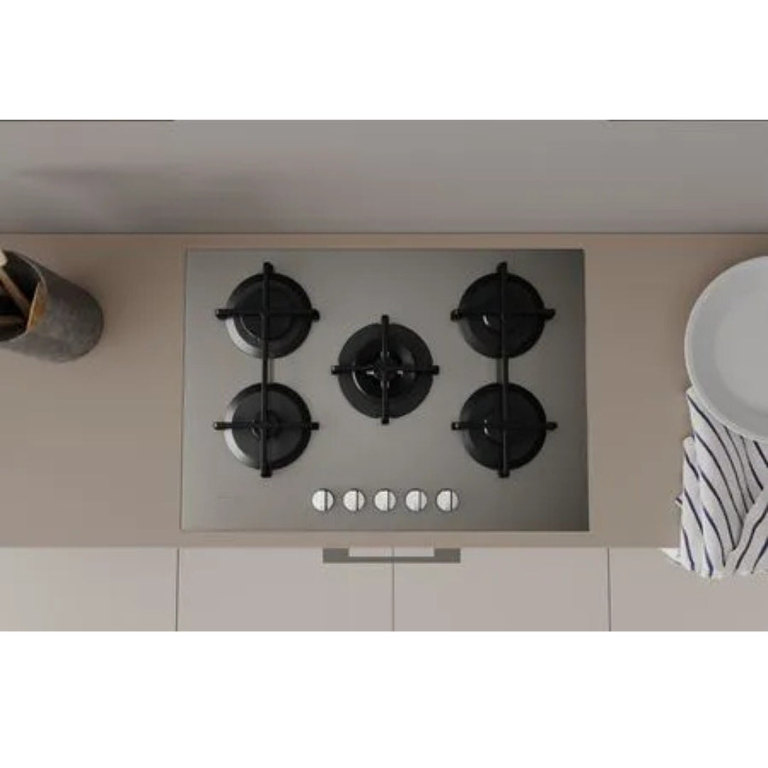 INDESIT ING72TTD1 Piano Cottura Gas 5 Fuochi Vetro Griglie in Ghisa Tortora Linea Glass cm. 75 x 51
