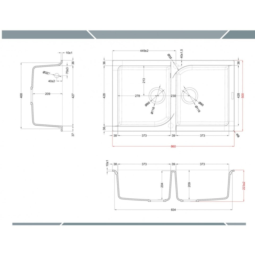 ELLECI EGO LME45079 Lavello 2 Vasche Sopratop Granitek Aluminium M79 cm. 86 x 50