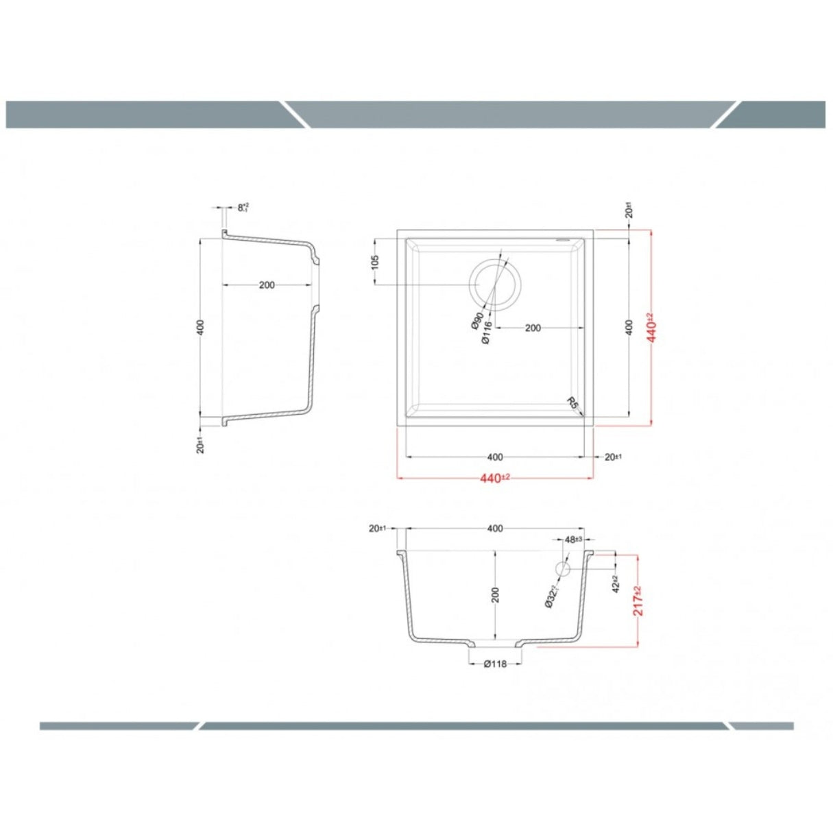 ELLECI QUADRA LKQ10296BSO Lavello Incasso 1 Vasca Sottotop Keratek Bianco Kera K96 cm. 44 x 44
