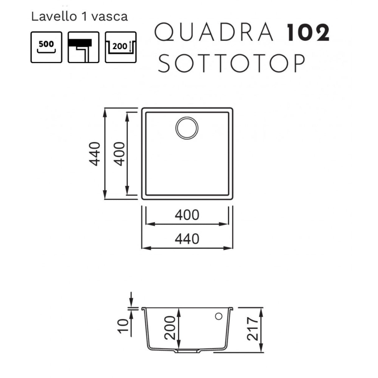 ELLECI QUADRA LKQ10296BSO Lavello Incasso 1 Vasca Sottotop Keratek Bianco Kera K96 cm. 44 x 44