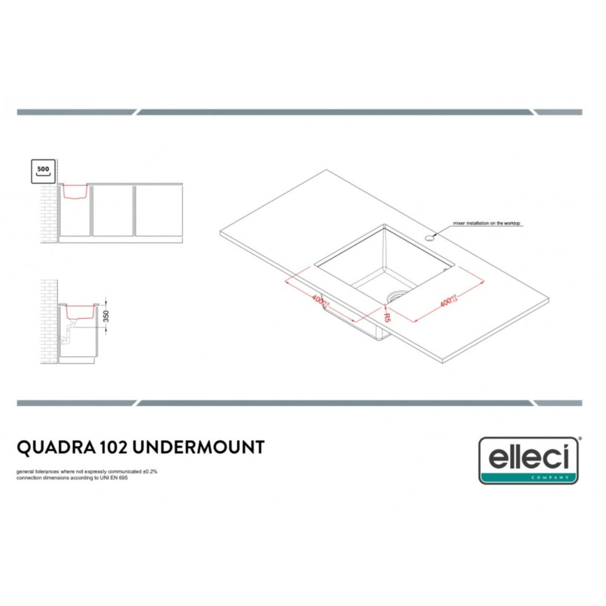 ELLECI QUADRA LKQ10296BSO Lavello Incasso 1 Vasca Sottotop Keratek Bianco Kera K96 cm. 44 x 44