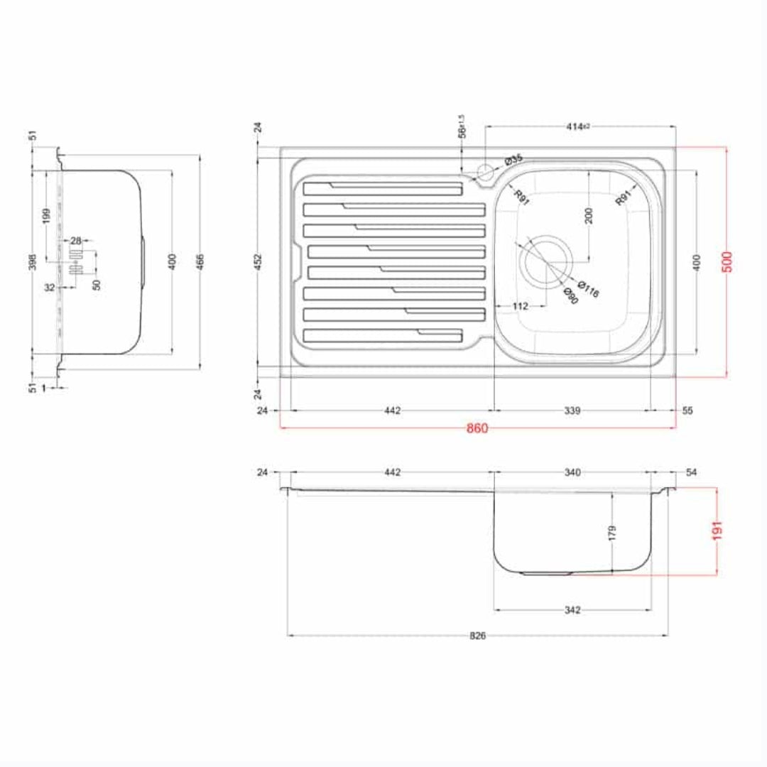 ELLECI LIK400SACDX Lavello Cucina 1 Vasca Incasso Inox Gocciolatoio Destra cm. 86 x 51