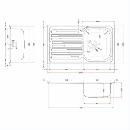 ELLECI LIK400SACDX Lavello Cucina 1 Vasca Incasso Inox Gocciolatoio Destra cm. 86 x 51