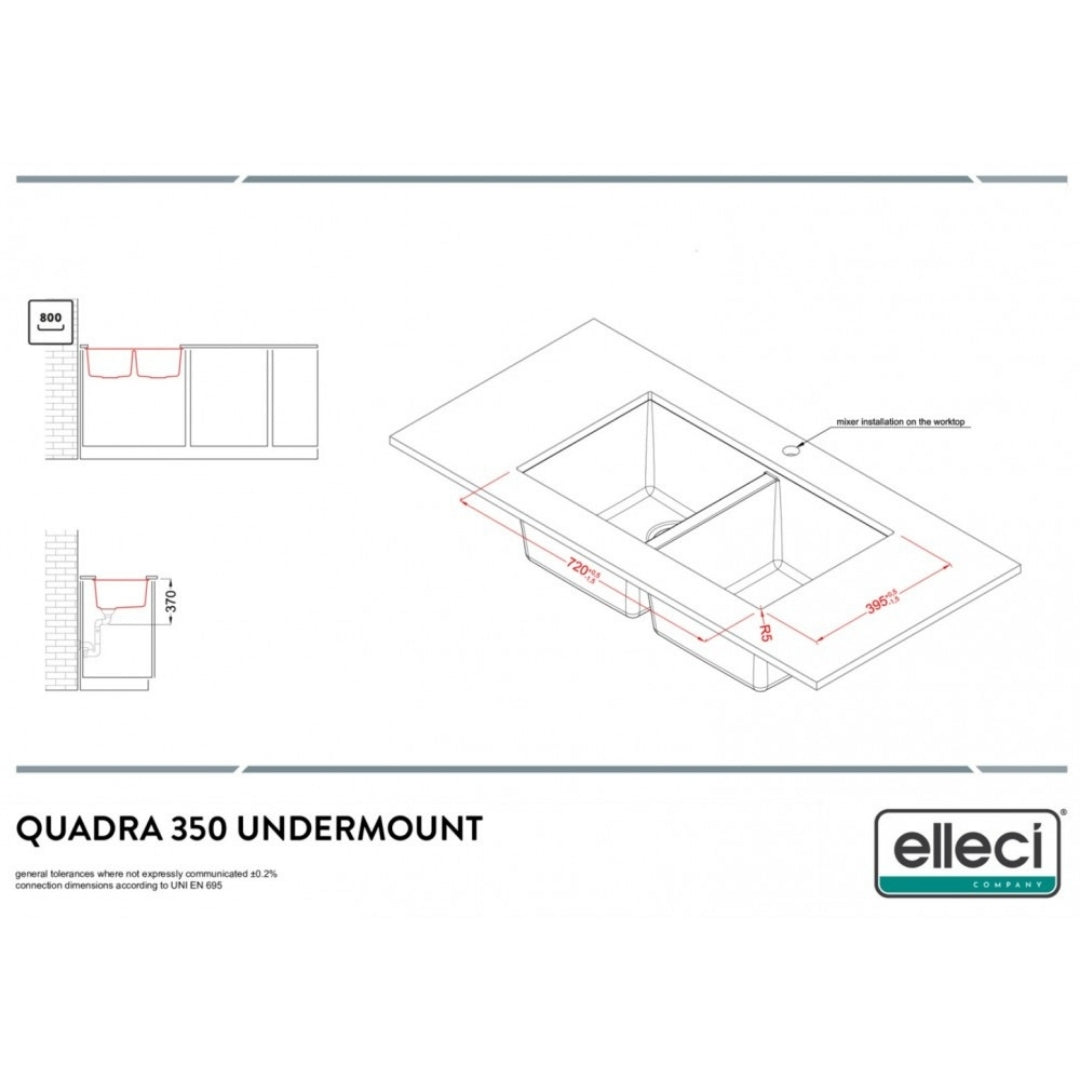 Elleci Quadra 350 LGQ35051BSO Lavello da Incasso 2 Vasche Sottotop Finitura Granitek Classic Avena mm 760 x 435