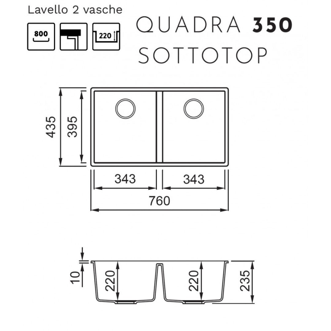 Elleci Quadra 350 LGQ35051BSO Lavello da Incasso 2 Vasche Sottotop Finitura Granitek Classic Avena mm 760 x 435