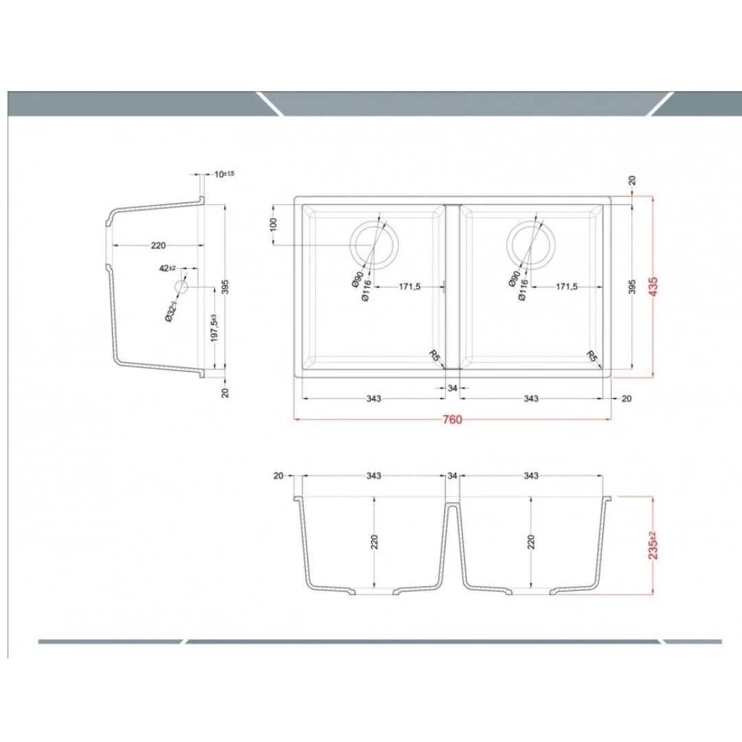 ELLECI QUADRA LMQ35079BSO Lavello Incasso 2 Vasche Sottotop 76x43 cm Aluminium 79