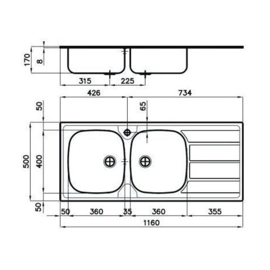 FOSTER S1000 1812562 Lavello Cucina 2 Vasche Sinistra Gocciolatoio Destra Inox cm. 116x50