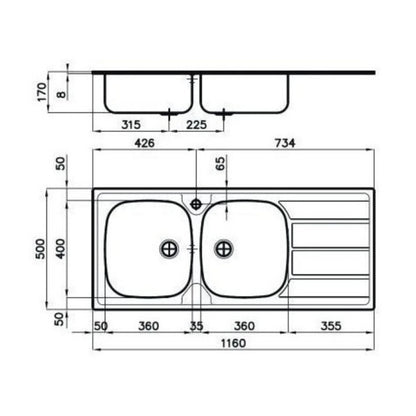 FOSTER S1000 1812562 Lavello Cucina 2 Vasche Sinistra Gocciolatoio Destra Inox cm. 116x50
