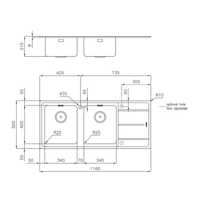 FOSTER 3212051 EVO Lavello Cucina 2 Vasche a Destra Incasso Sopratop Gocciolatoio Sx 116x50cm Inox