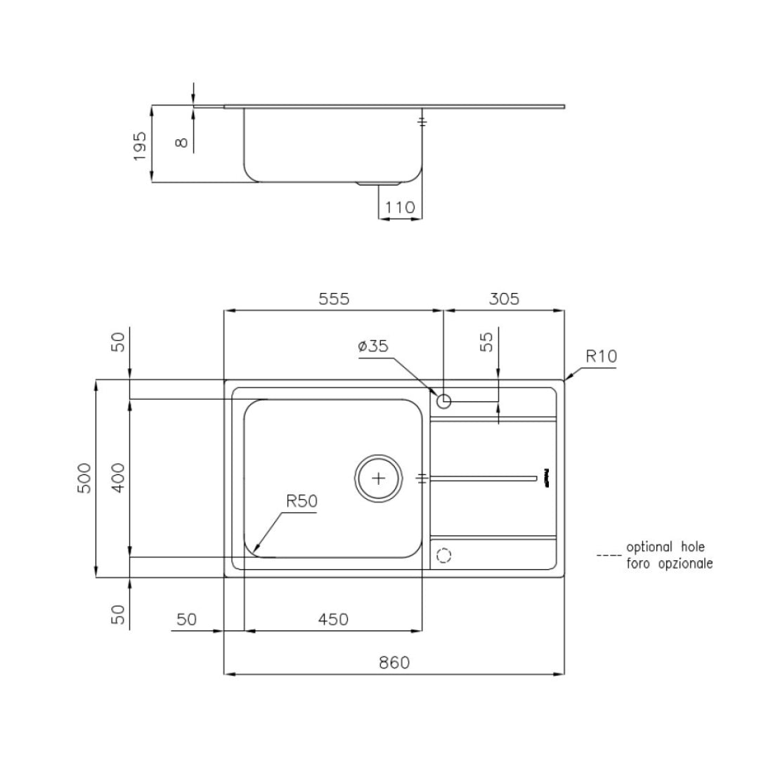 FOSTER EVO 3218001 Lavello da Cucina 1 Vasca Grande Destra Gocciolatoio a Sinisrtra Acciaio Inox cm. 86 x 50