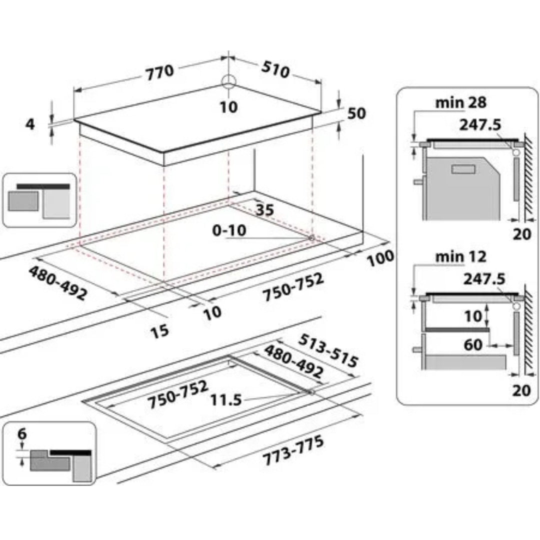INDESIT IB21B7NE Piano Cottura Induzione 4 Zone Vetroceramica Nero Push&Go Booster cm. 77 x 51